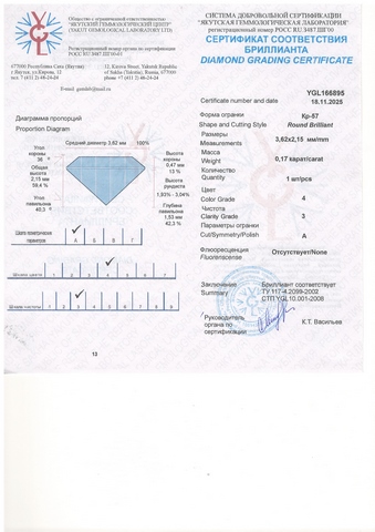 Бриллиант  0,170 карат