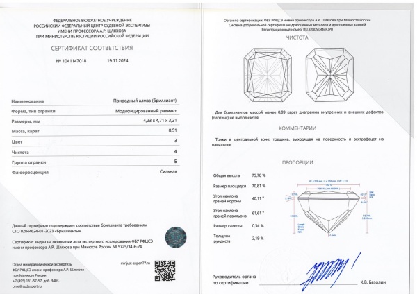 Бриллиант радиант 0,510 карат