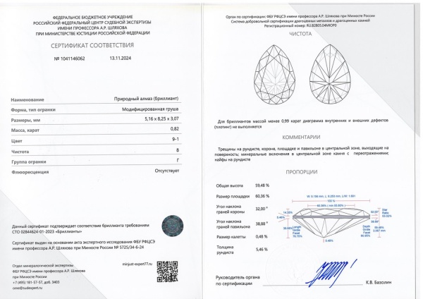 Бриллиант груша 0,820 карат