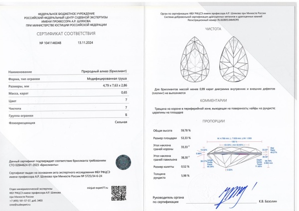 Бриллиант груша 0,650 карат