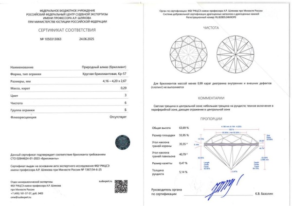 Бриллиант круглый 0,290 карат