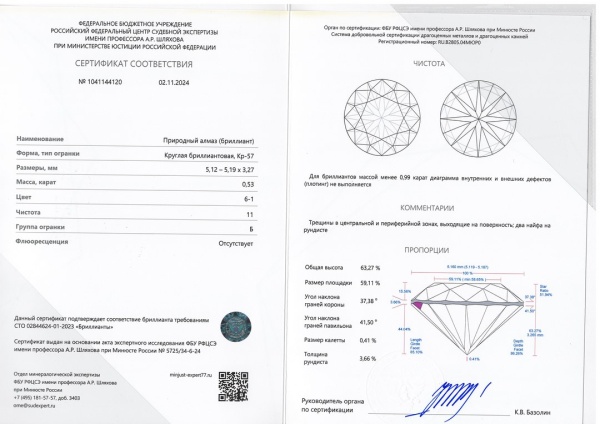 Бриллиант круглый 0,530 карат