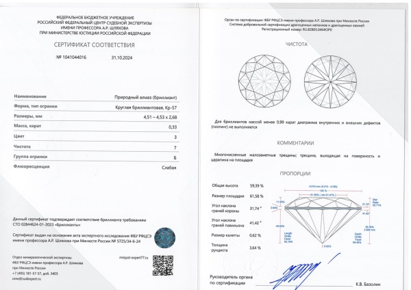 Бриллиант круглый 0,330 карат