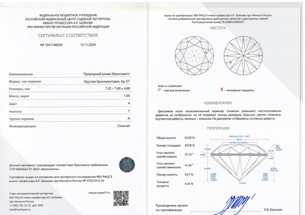 Бриллиант круглый 1,600 карат