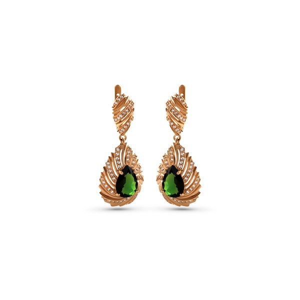 Серьги из желтого золота с хромдиопсидом и бриллиантами