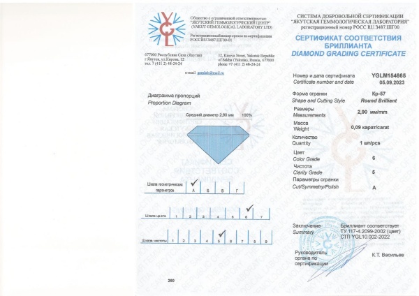 Бриллиант круглый 0,090 карат