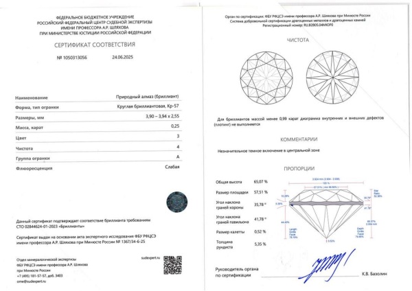 Бриллиант круглый 0,250 карат
