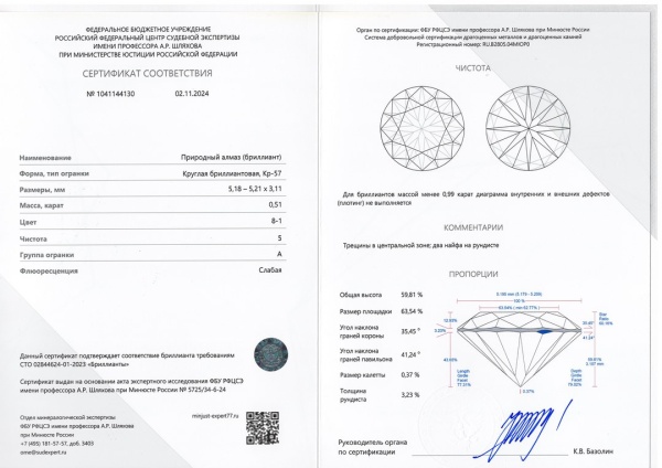 Бриллиант круглый 0,510 карат