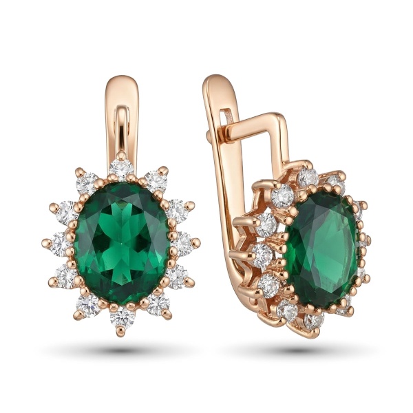 Серьги из красного золота с фианитом и изумрудом