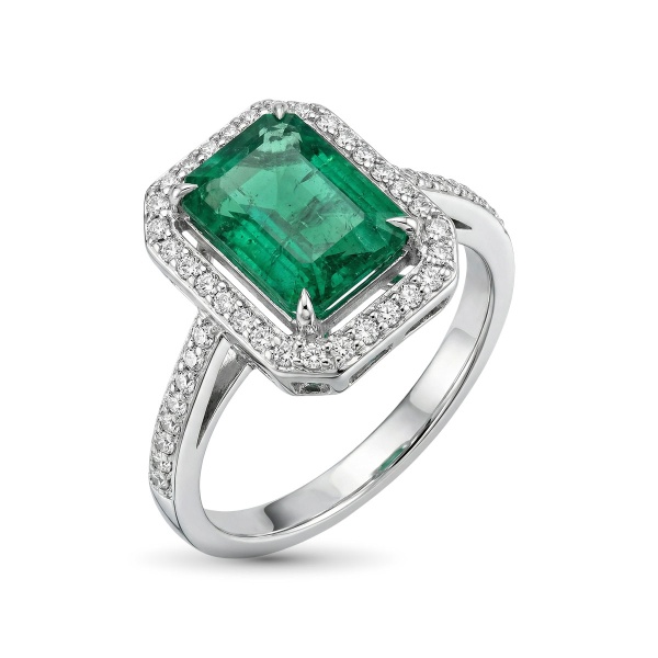 Кольцо из белого золота с изумрудом и бриллиантами