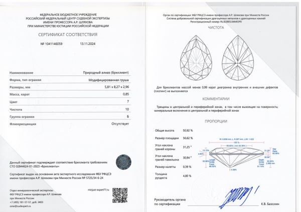 Бриллиант груша 0,850 карат