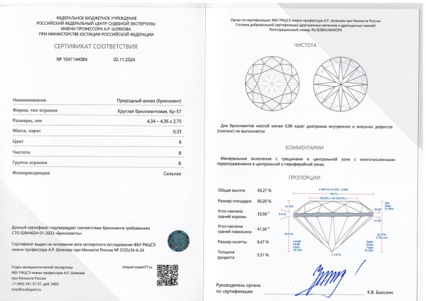Бриллиант круглый 0,330 карат