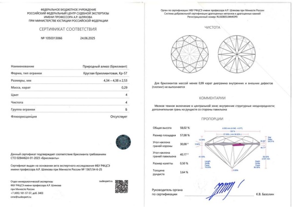 Бриллиант  0,290 карат