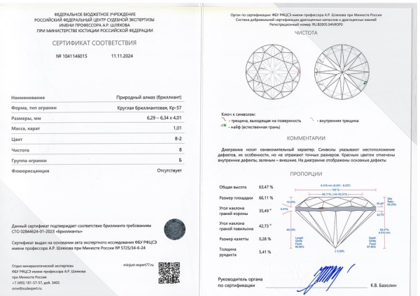 Бриллиант круглый 1,010 карат
