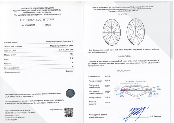 Бриллиант овал 0,800 карат