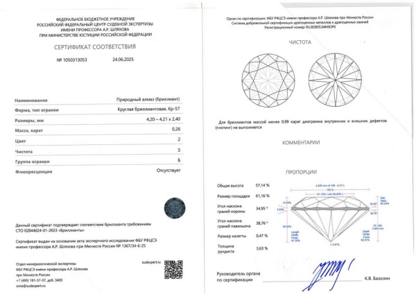 Бриллиант круглый 0,260 карат