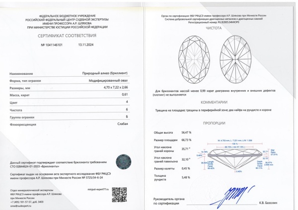 Бриллиант овал 0,610 карат