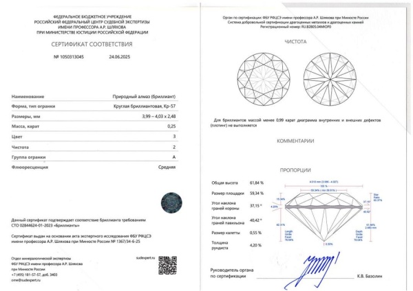 Бриллиант круглый 0,250 карат
