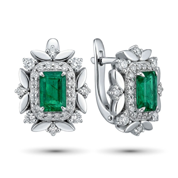 Серьги из белого золота с изумрудом и бриллиантами