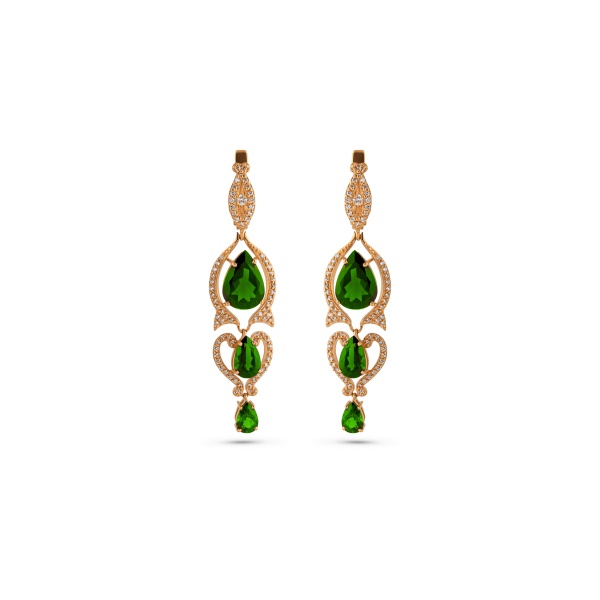 Серьги из желтого золота с хромдиопсидом и бриллиантами