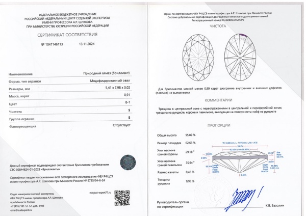 Бриллиант овал 0,910 карат