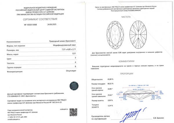 Бриллиант овал 0,510 карат