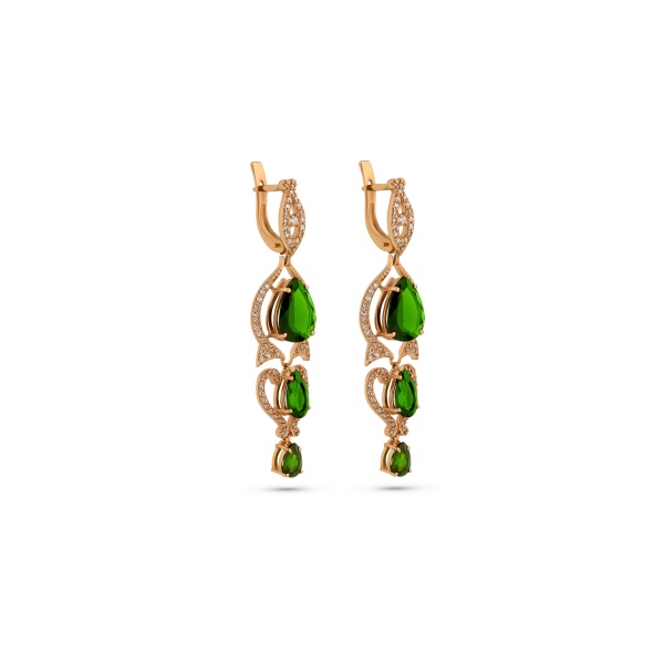 Серьги из желтого золота с хромдиопсидом и бриллиантами