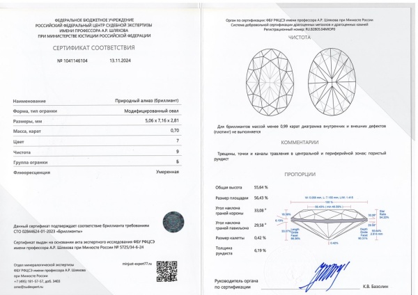 Бриллиант овал 0,700 карат