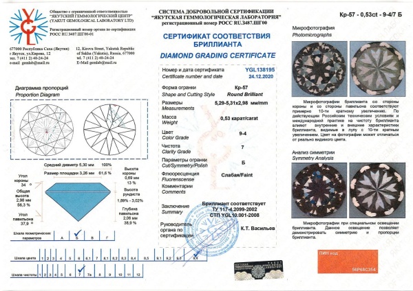 Бриллиант круглый 0,530 карат