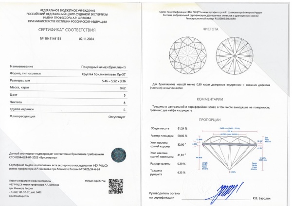 Бриллиант круглый 0,620 карат