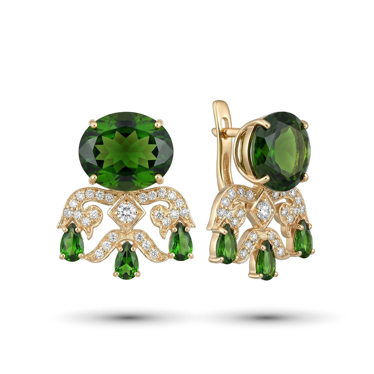 Серьги из желтого золота с хромдиопсидом и бриллиантами