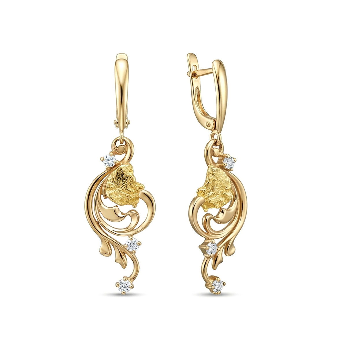 Серьги из желтого золота с самородком и бриллиантами