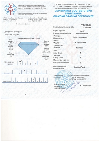 Бриллиант круглый 0,100 карат