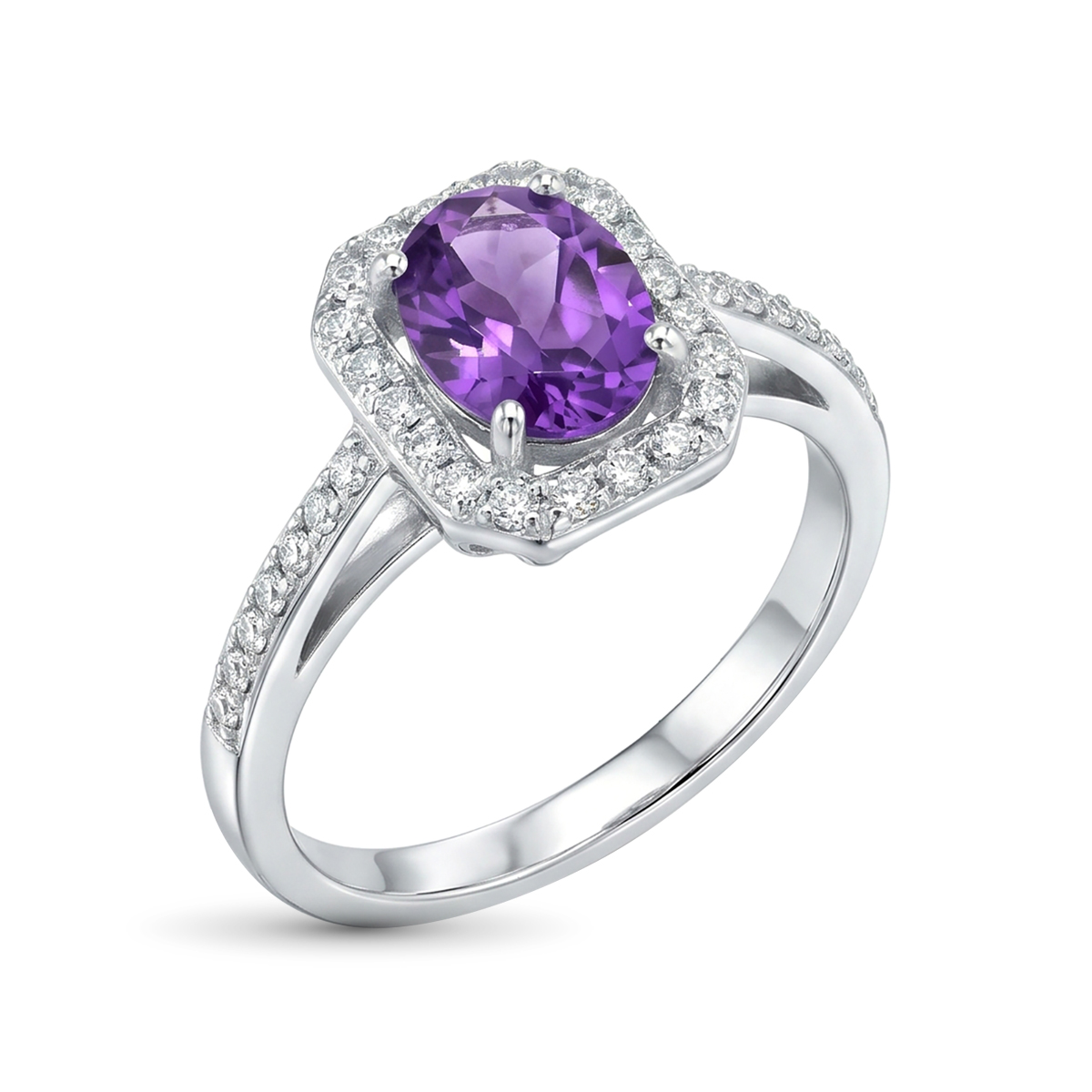 Кольцо из родированного золота с аметистом и бриллиантами