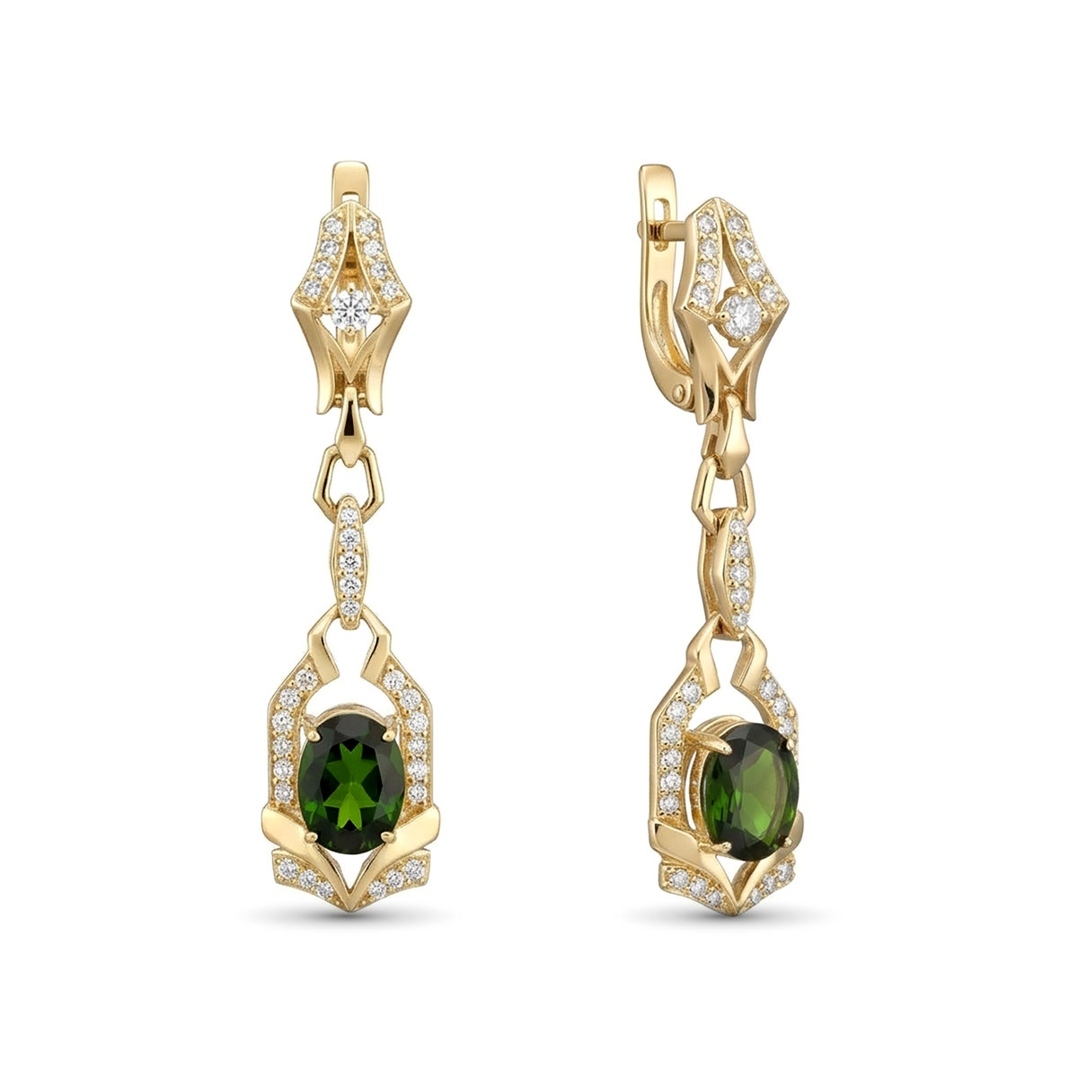 Серьги из желтого золота с хромдиопсидом и бриллиантами
