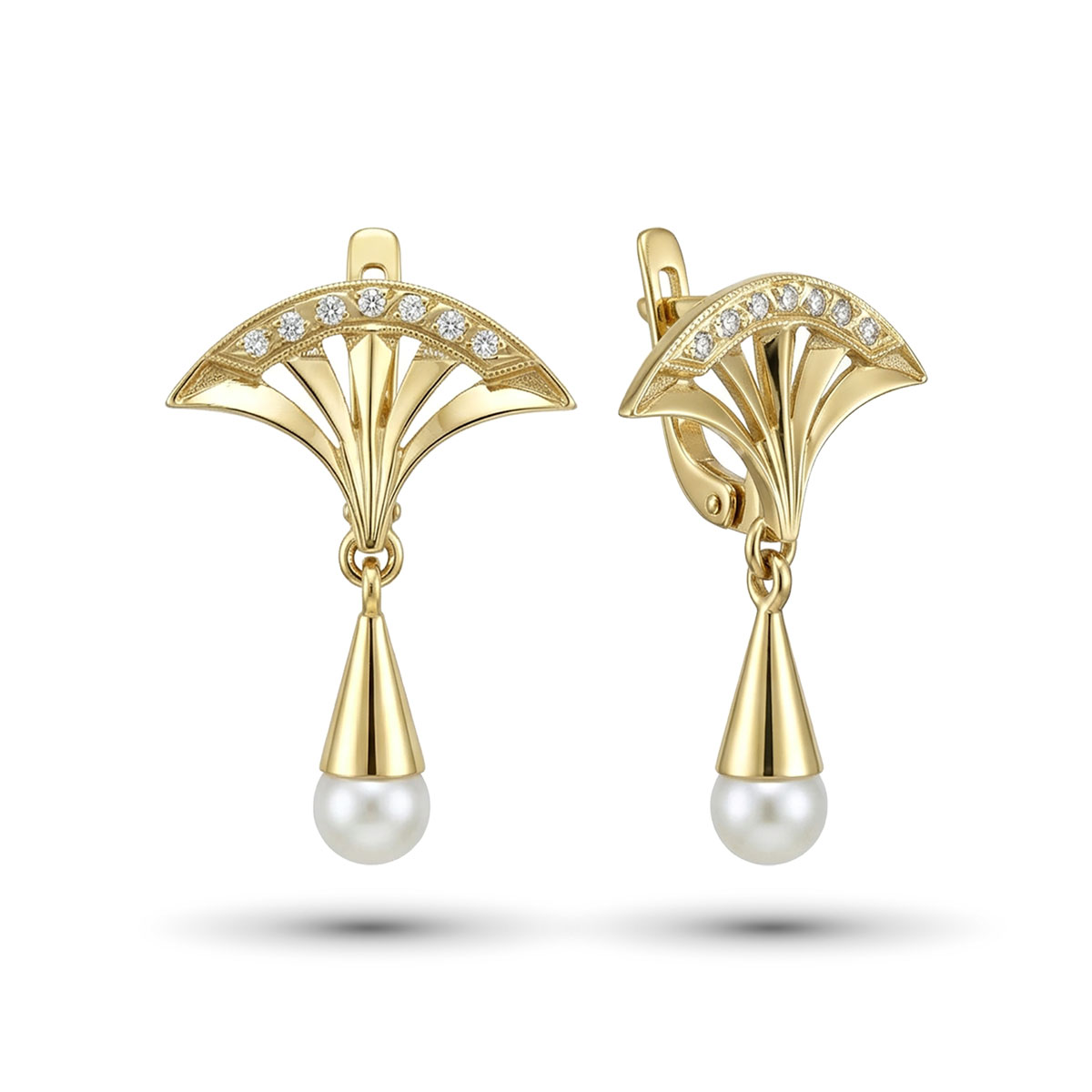 Серьги из желтого золота с жемчугом и бриллиантами