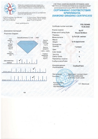 Бриллиант круглый 0,100 карат