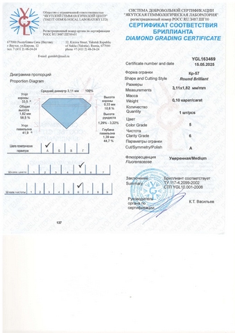 Бриллиант круглый 0,100 карат