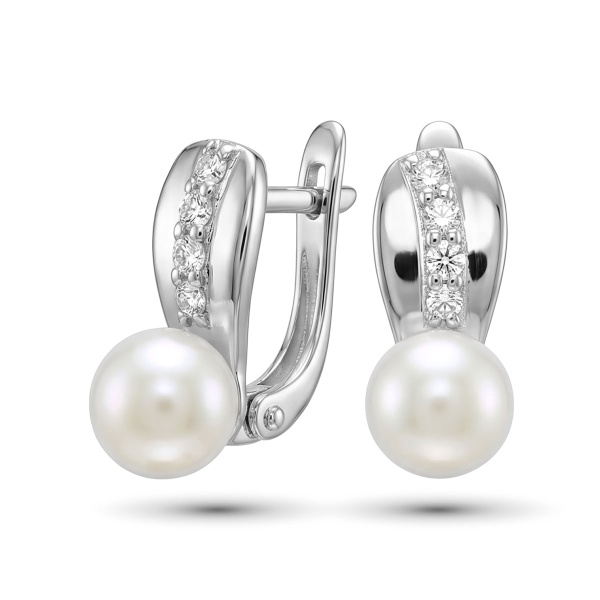 Серьги из родированного золота с жемчугом и бриллиантами