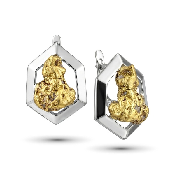 Серьги из белого золота с самородком