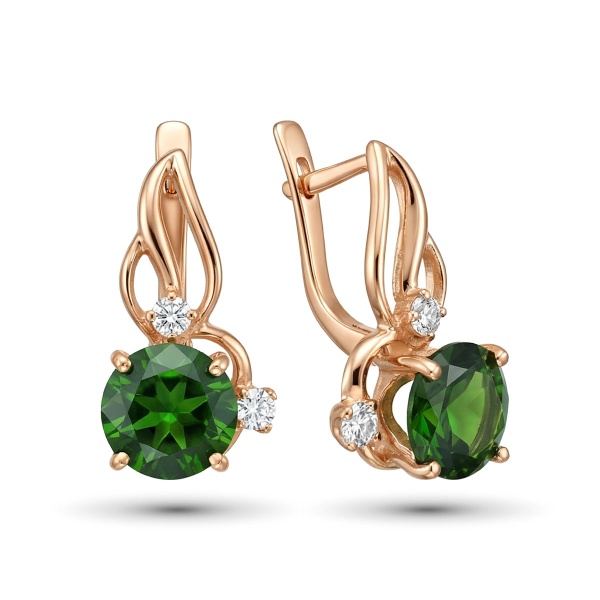Серьги из красного золота с хромдиопсидом и бриллиантами