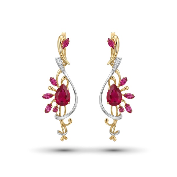 Серьги из комбинированного золота с корундом и бриллиантами