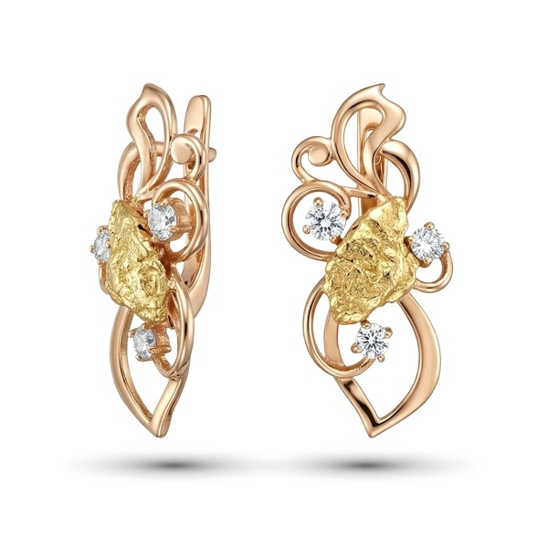 Серьги из желтого золота с самородком и бриллиантами