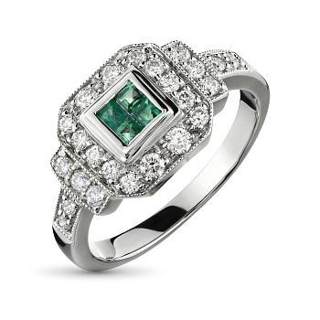 Кольцо из белого золота с изумрудпт и бриллиантами