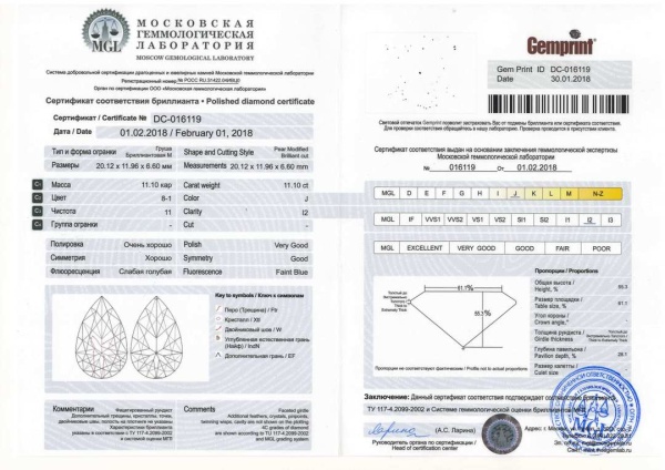 Бриллиант груша 11,100 карат