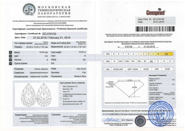 Бриллиант груша 15,050 карат