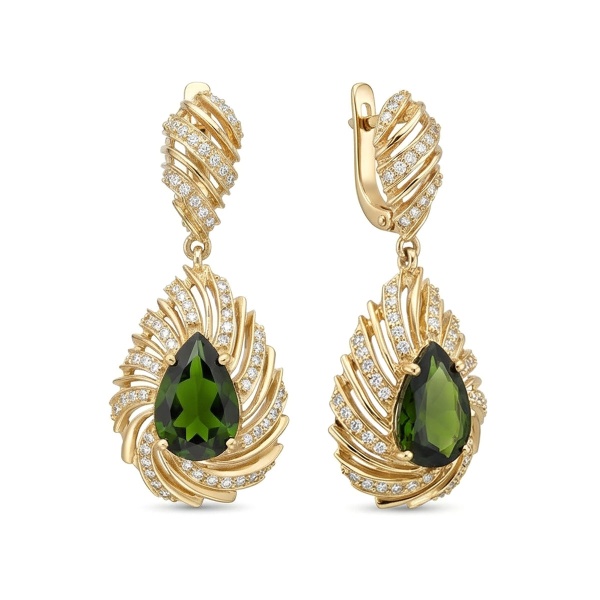 Серьги из желтого золота с хромдиопсидом и бриллиантами