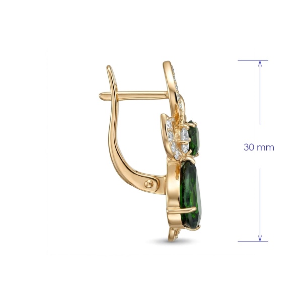 Серьги из желтого золота с хромдиопсидом и бриллиантами